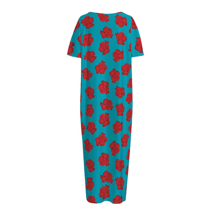Red And Blue Carnation Pattern Print Short Sleeve Long Nightdress