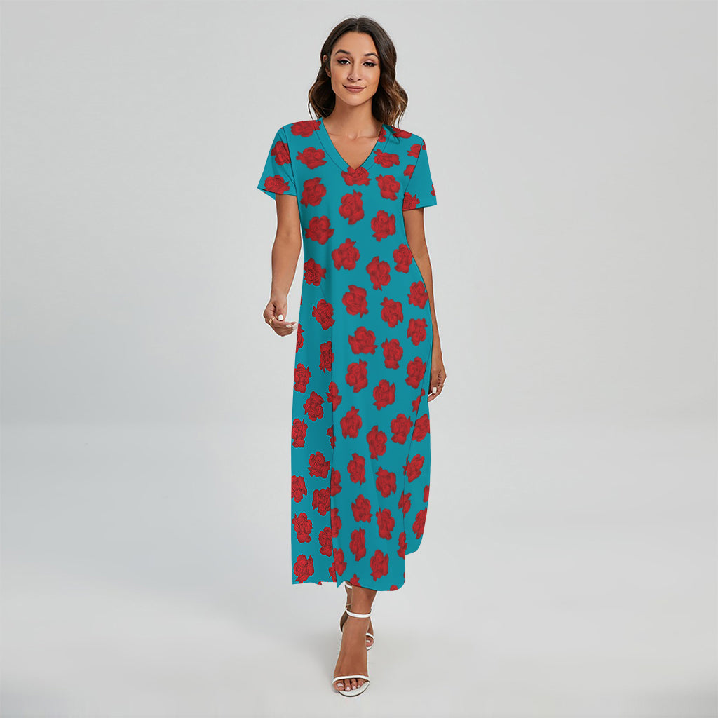 Red And Blue Carnation Pattern Print Short Sleeve Maxi Dress