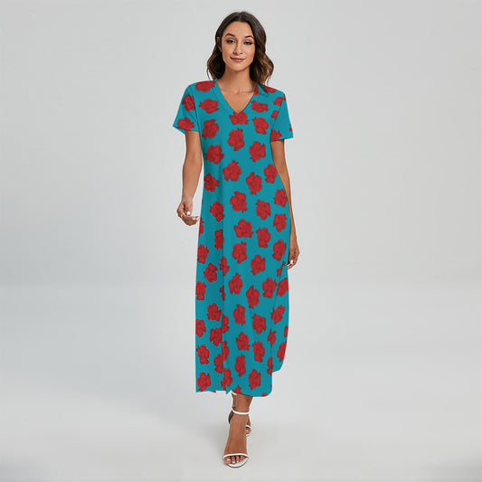 Red And Blue Carnation Pattern Print Short Sleeve Maxi Dress