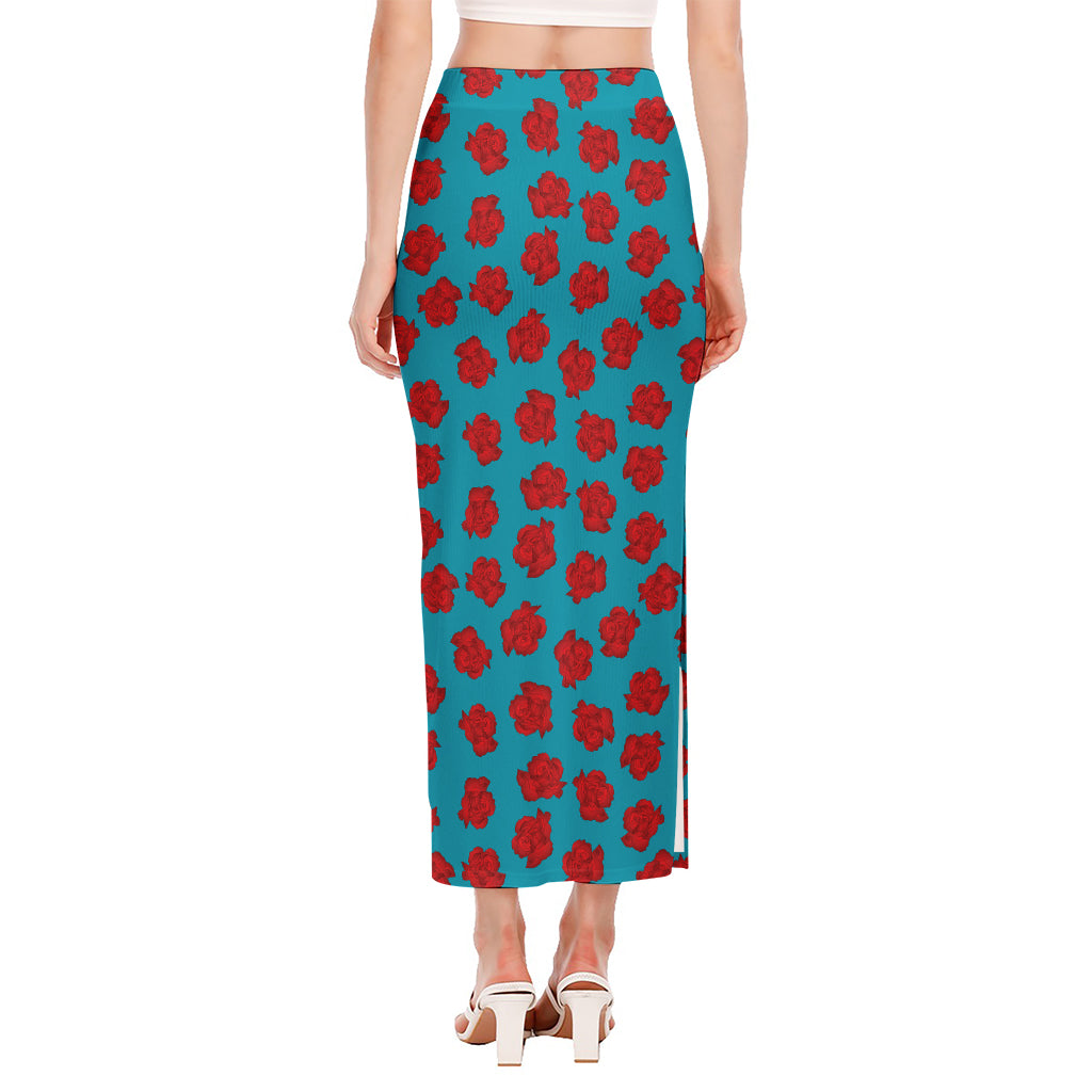 Red And Blue Carnation Pattern Print Side Slit Maxi Skirt