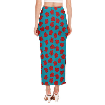 Red And Blue Carnation Pattern Print Side Slit Maxi Skirt