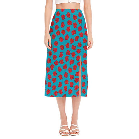 Red And Blue Carnation Pattern Print Side Slit Midi Skirt