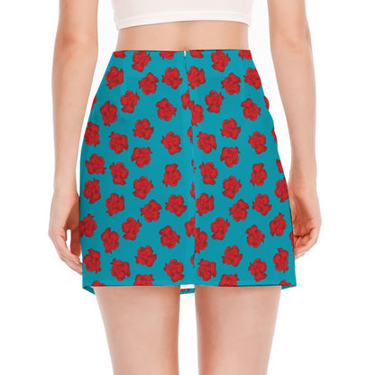 Red And Blue Carnation Pattern Print Side Slit Mini Skirt