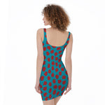 Red And Blue Carnation Pattern Print Sleeveless Bodycon Dress