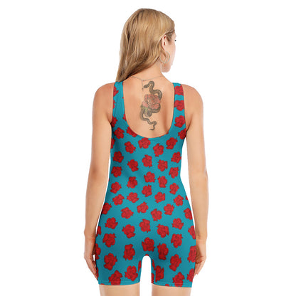 Red And Blue Carnation Pattern Print Sleeveless One Piece Swimsuit