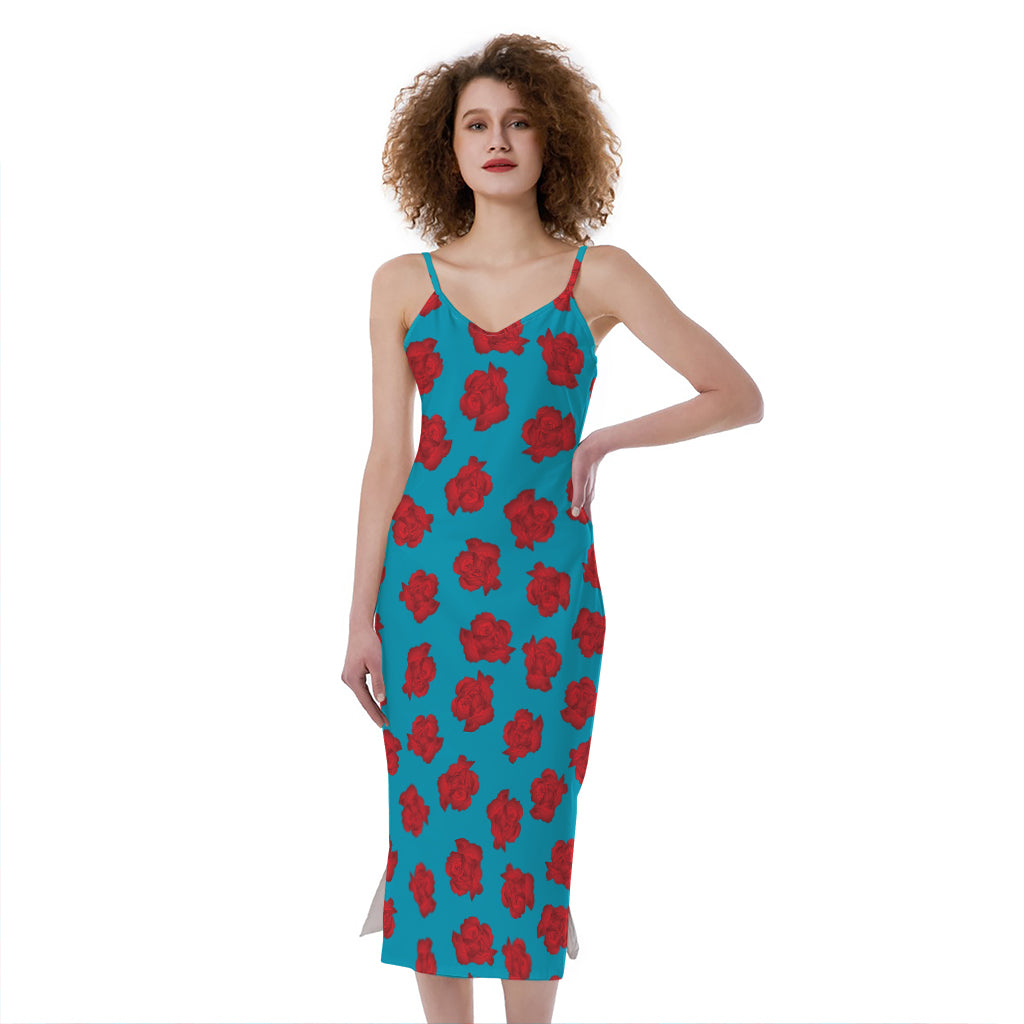 Red And Blue Carnation Pattern Print Slim Fit Midi Cami Dress