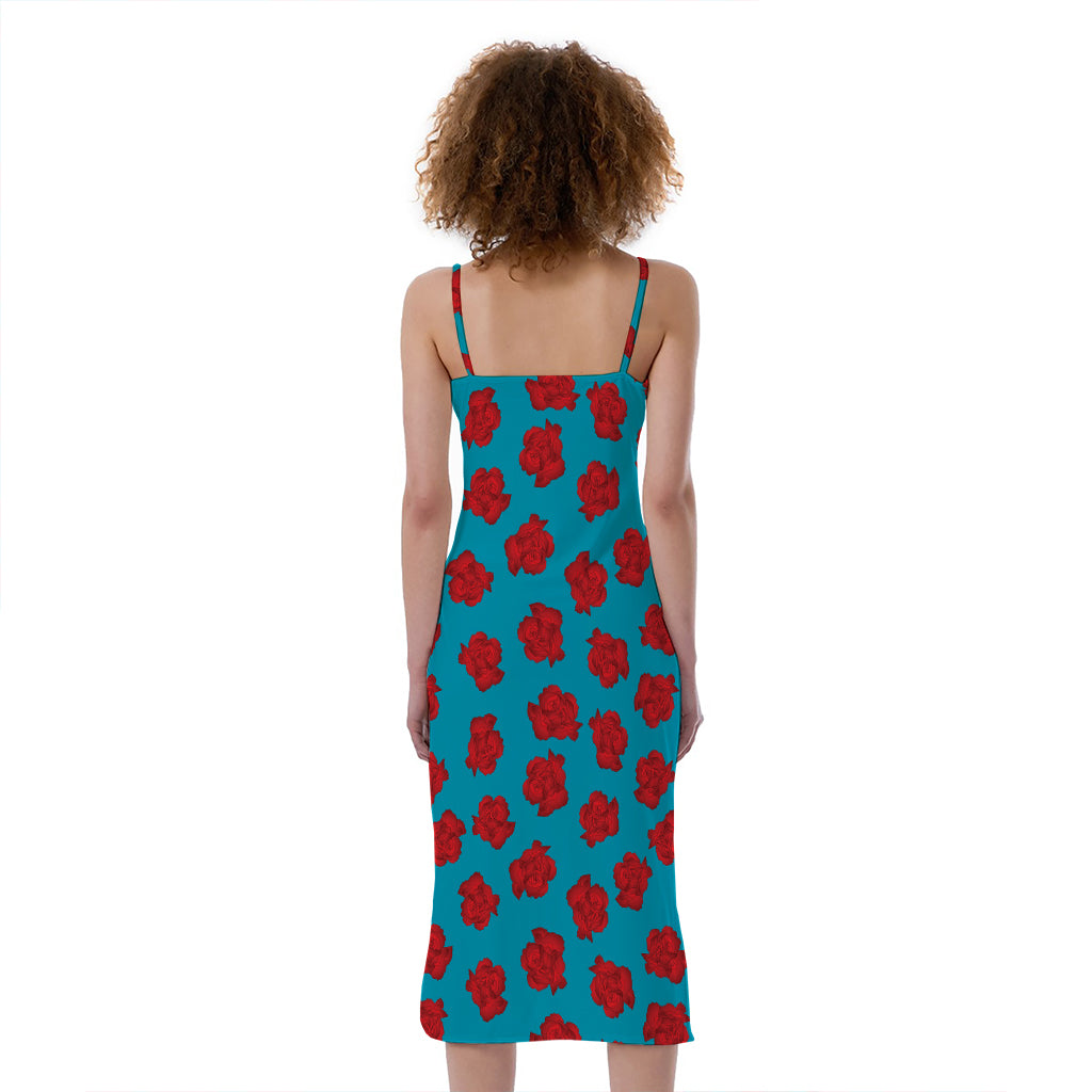 Red And Blue Carnation Pattern Print Slim Fit Midi Cami Dress