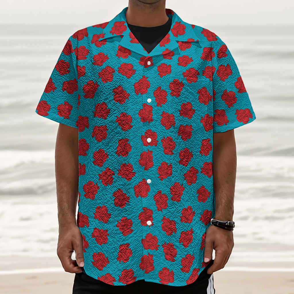 Red And Blue Carnation Pattern Print Textured Short Sleeve Shirt