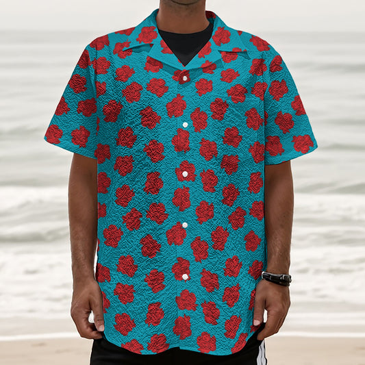 Red And Blue Carnation Pattern Print Textured Short Sleeve Shirt