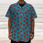 Red And Blue Carnation Pattern Print Textured Short Sleeve Shirt