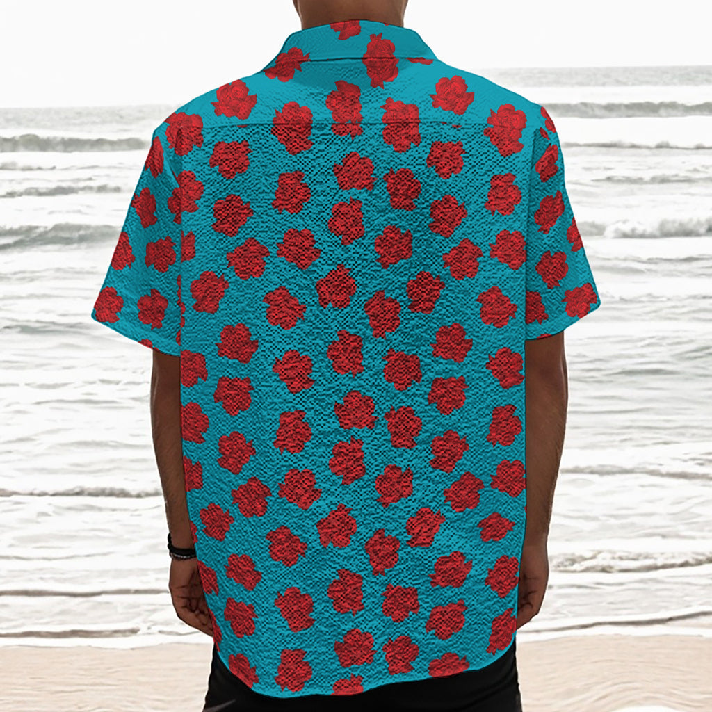 Red And Blue Carnation Pattern Print Textured Short Sleeve Shirt