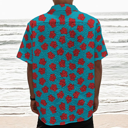 Red And Blue Carnation Pattern Print Textured Short Sleeve Shirt