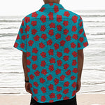 Red And Blue Carnation Pattern Print Textured Short Sleeve Shirt
