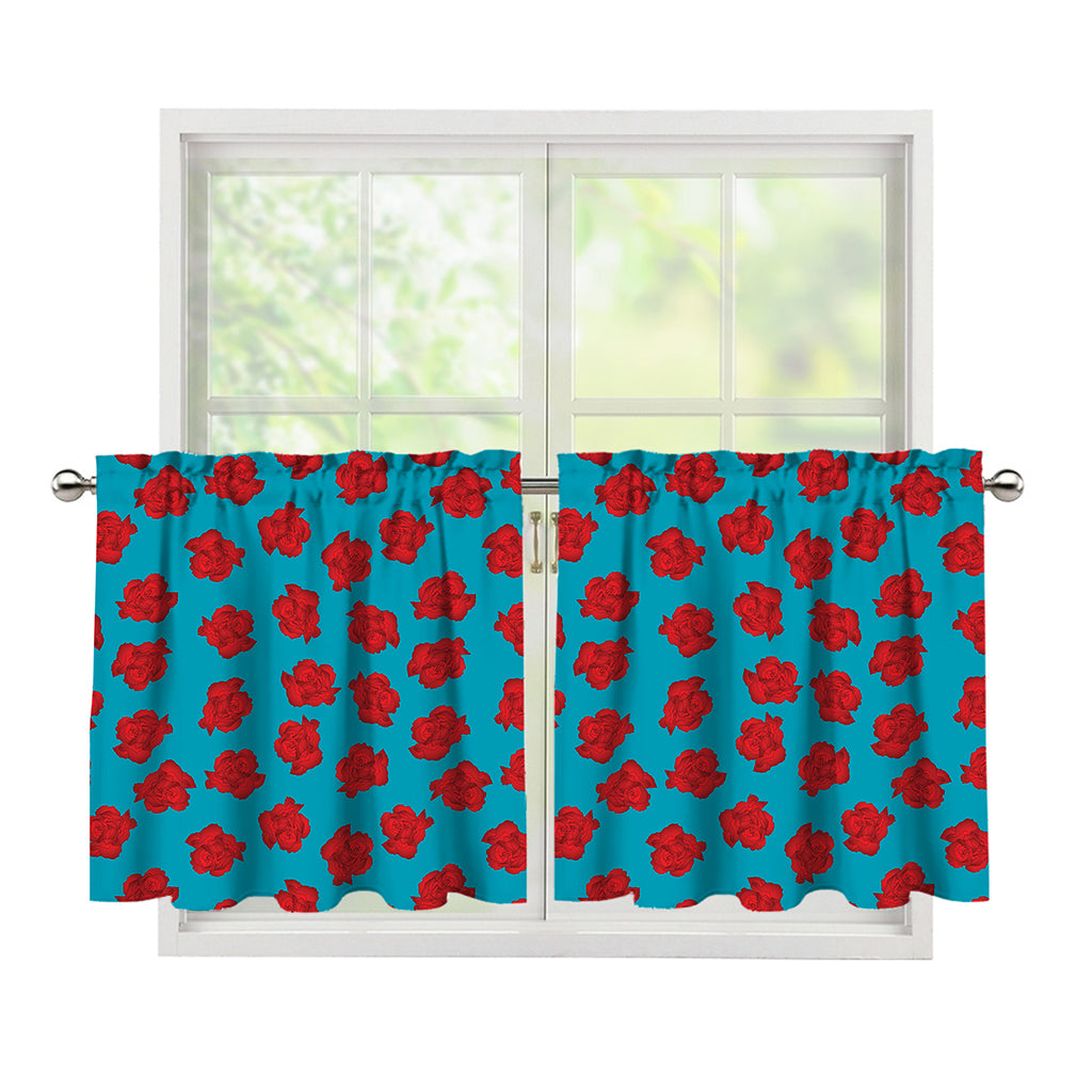 Red And Blue Carnation Pattern Print Tier Curtains