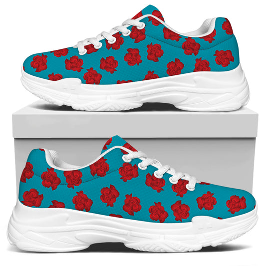 Red And Blue Carnation Pattern Print White Chunky Shoes