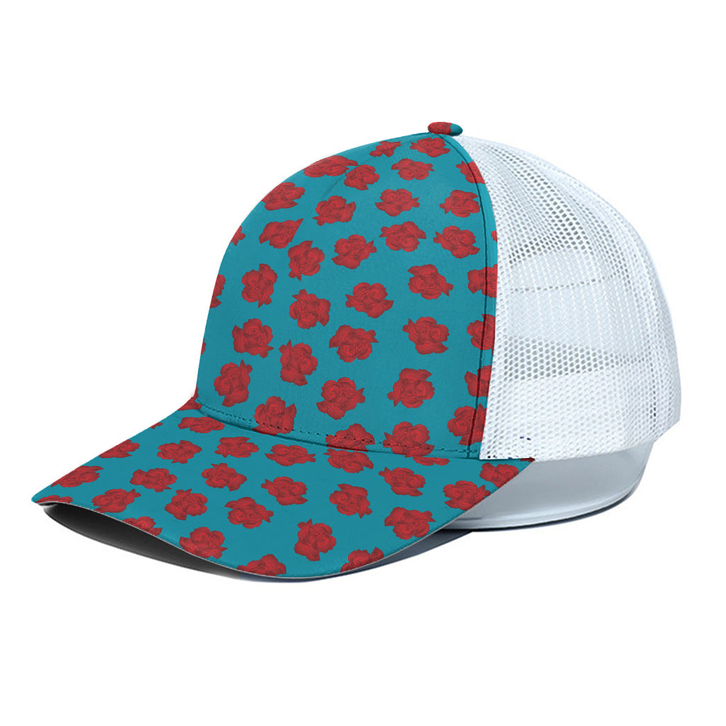 Red And Blue Carnation Pattern Print White Mesh Trucker Cap