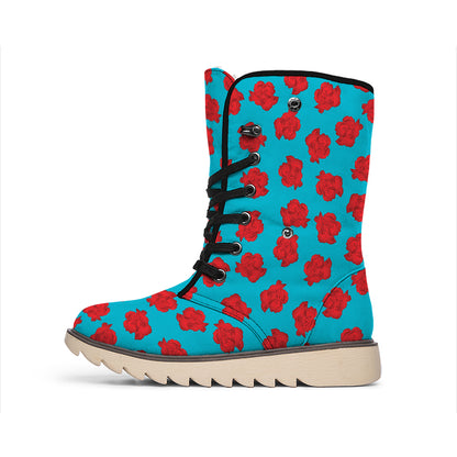 Red And Blue Carnation Pattern Print Winter Boots