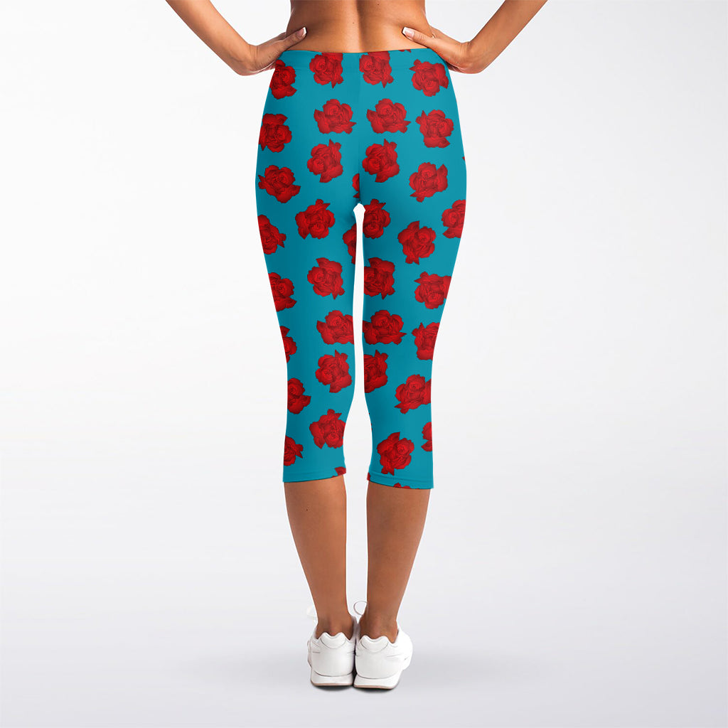 Red And Blue Carnation Pattern Print Women's Capri Leggings