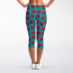 Red And Blue Carnation Pattern Print Women's Capri Leggings