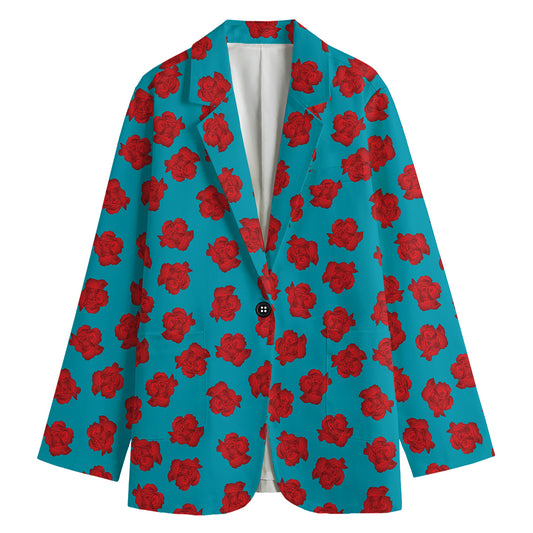 Red And Blue Carnation Pattern Print Women's Cotton Blazer