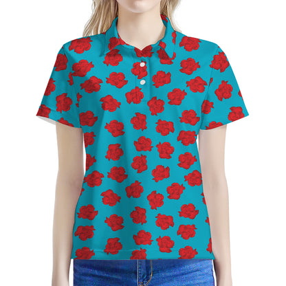 Red And Blue Carnation Pattern Print Women's Polo Shirt