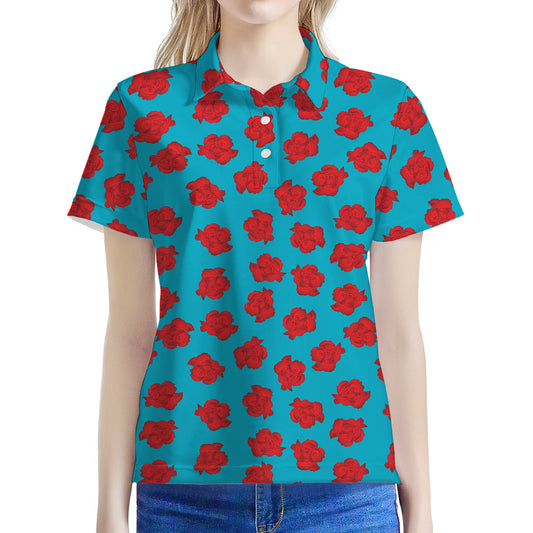 Red And Blue Carnation Pattern Print Women's Polo Shirt