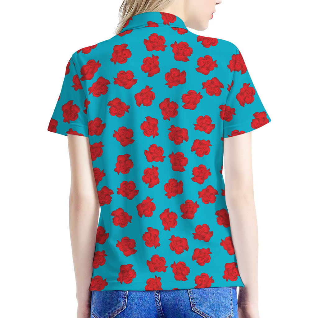 Red And Blue Carnation Pattern Print Women's Polo Shirt