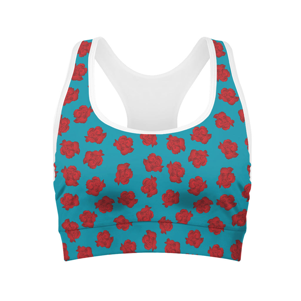 Red And Blue Carnation Pattern Print Women's Sports Bra