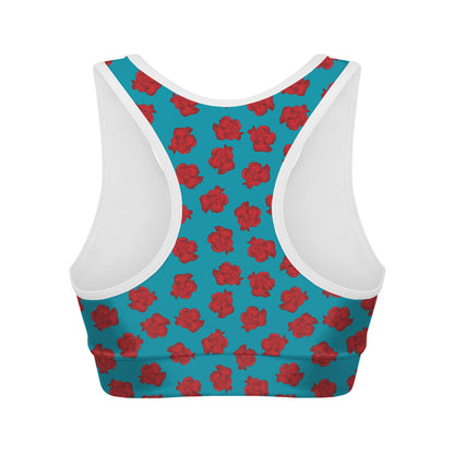 Red And Blue Carnation Pattern Print Women's Sports Bra