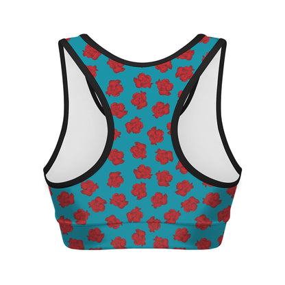 Red And Blue Carnation Pattern Print Women's Sports Bra