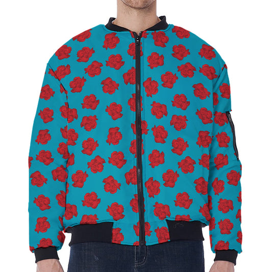 Red And Blue Carnation Pattern Print Zip Sleeve Bomber Jacket