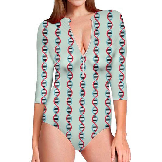 Red And Blue DNA Pattern Print Long Sleeve Swimsuit