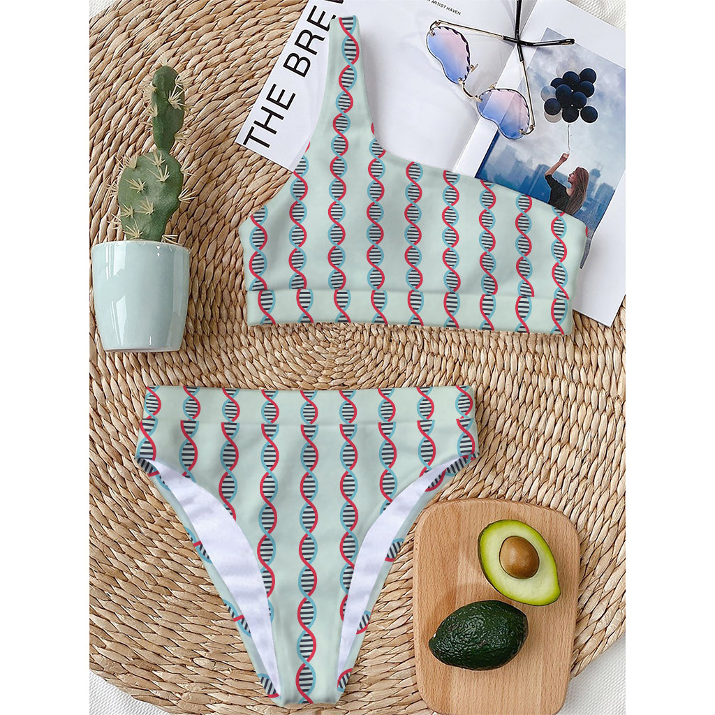 Red And Blue DNA Pattern Print One Shoulder Bikini Top