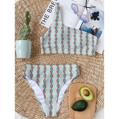 Red And Blue DNA Pattern Print One Shoulder Bikini Top