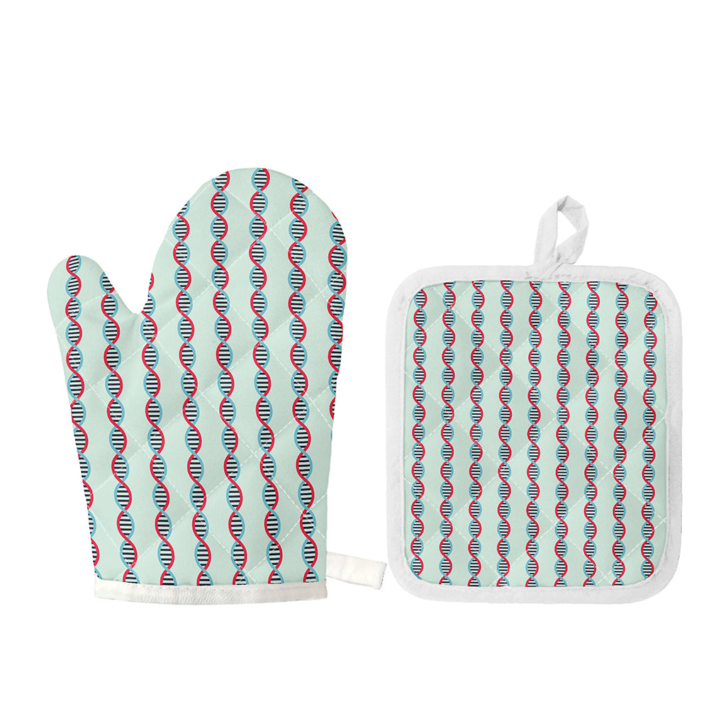 Red And Blue DNA Pattern Print Oven Mitt And Pot Holder Set