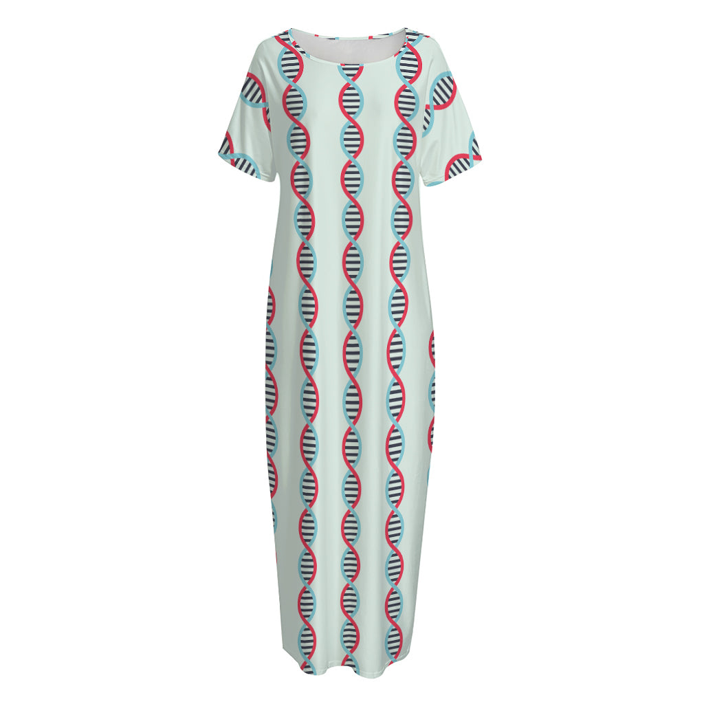 Red And Blue DNA Pattern Print Short Sleeve Long Nightdress