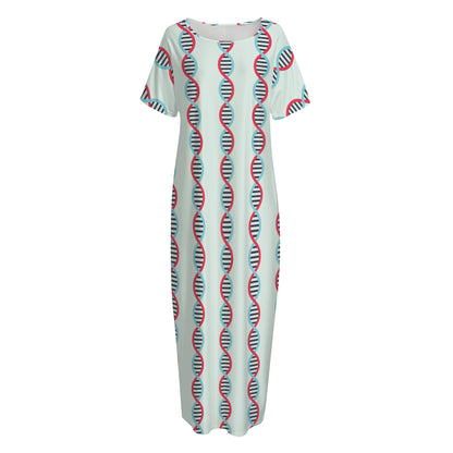 Red And Blue DNA Pattern Print Short Sleeve Long Nightdress