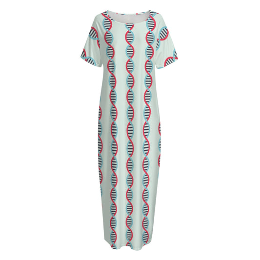 Red And Blue DNA Pattern Print Short Sleeve Long Nightdress