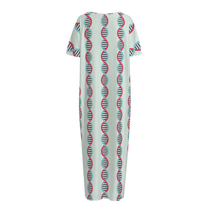 Red And Blue DNA Pattern Print Short Sleeve Long Nightdress