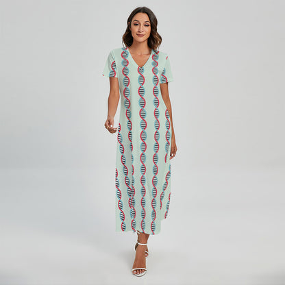 Red And Blue DNA Pattern Print Short Sleeve Maxi Dress