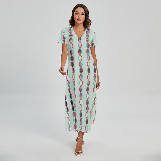 Red And Blue DNA Pattern Print Short Sleeve Maxi Dress