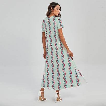 Red And Blue DNA Pattern Print Short Sleeve Maxi Dress