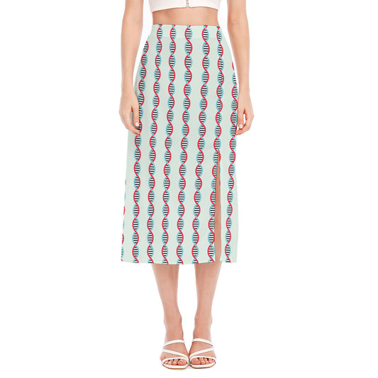Red And Blue DNA Pattern Print Side Slit Midi Skirt