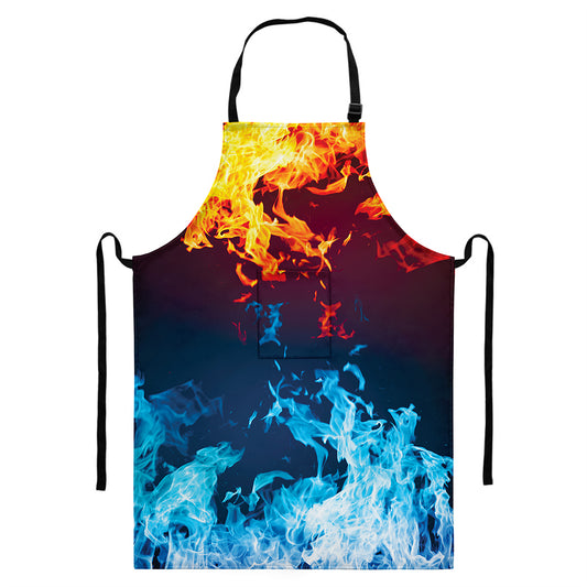 Red And Blue Fire Print Bib Apron With Pocket