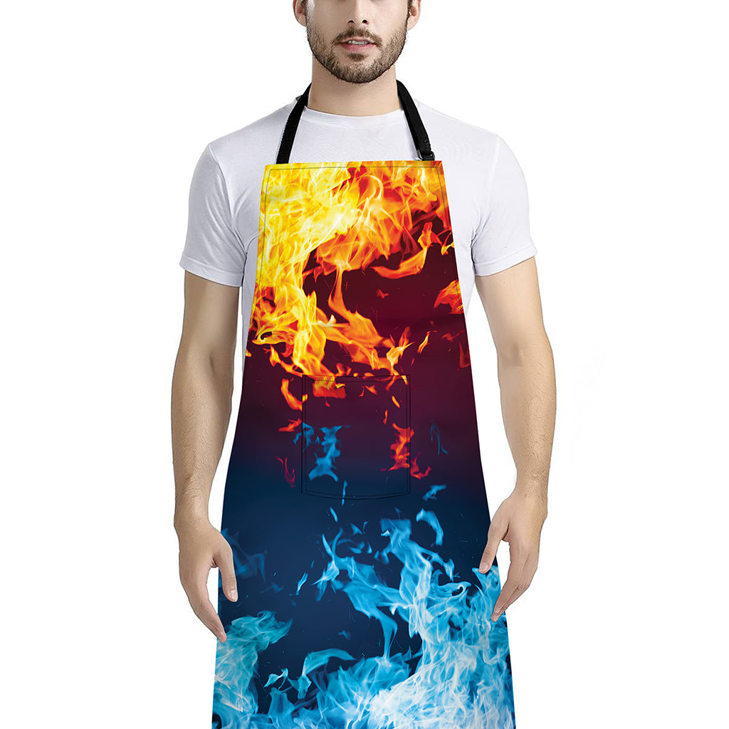 Red And Blue Fire Print Bib Apron With Pocket