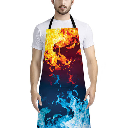 Red And Blue Fire Print Bib Apron With Pocket