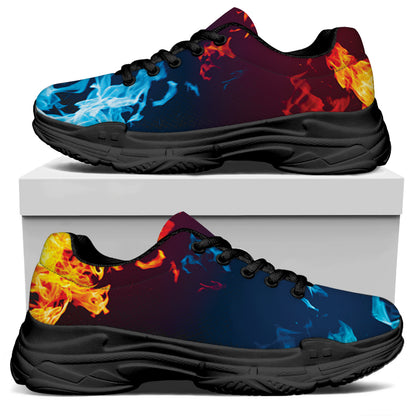 Red And Blue Fire Print Black Chunky Shoes