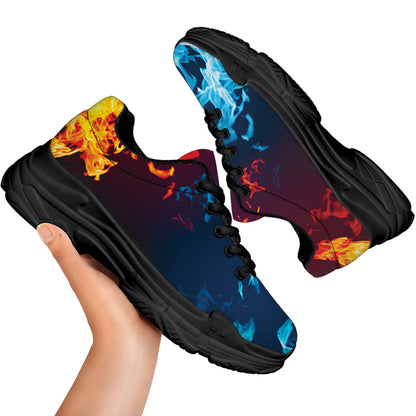 Red And Blue Fire Print Black Chunky Shoes