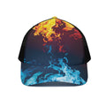 Red And Blue Fire Print Black Mesh Trucker Hat