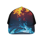 Red And Blue Fire Print Black Mesh Trucker Cap